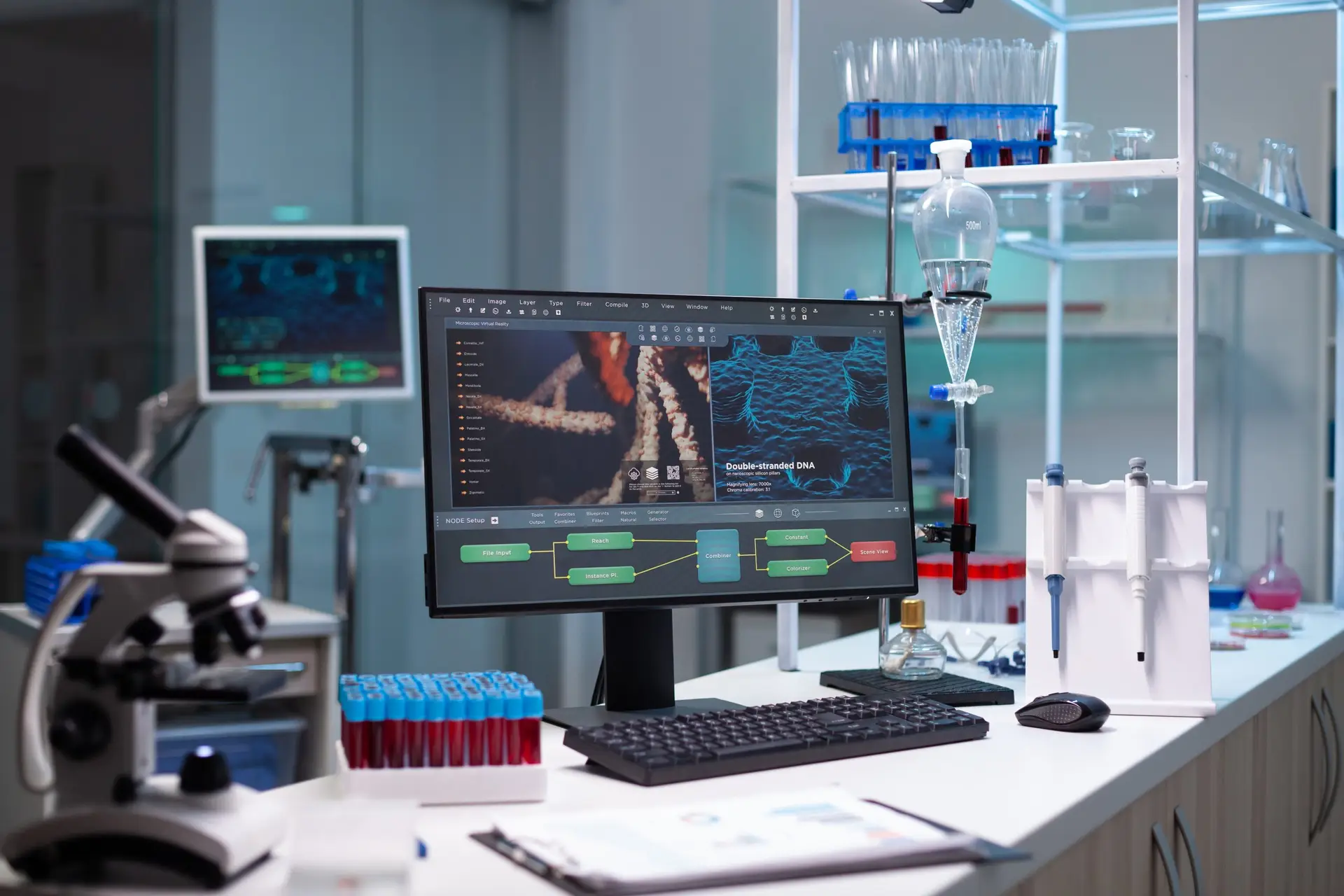 empty laboratory with scientific monitor desk scaled